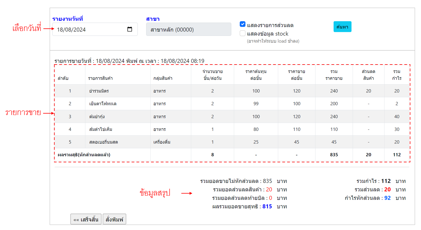 ตัวอย่างรายงานสรุปบิลการขายรายวัน (รูปแบบ 1)